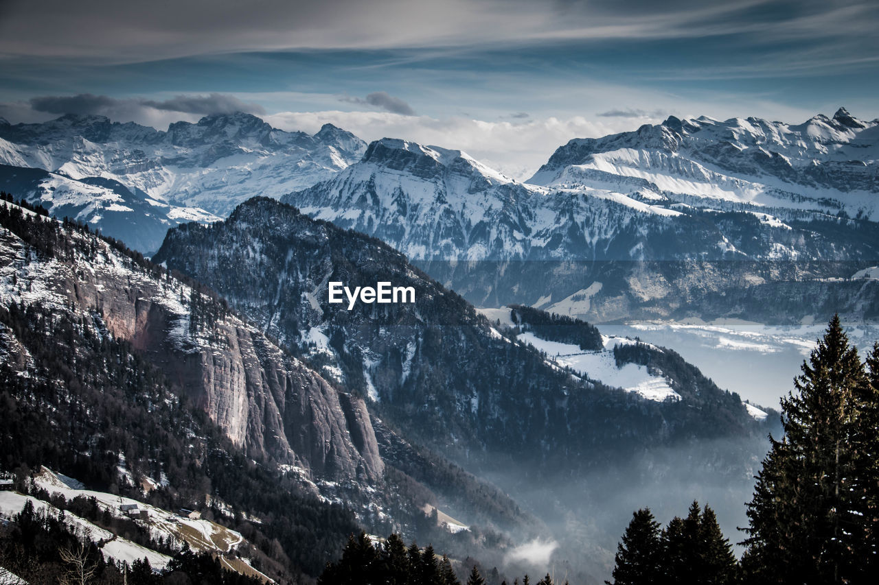 Scenic view of snowcapped mountains against sky