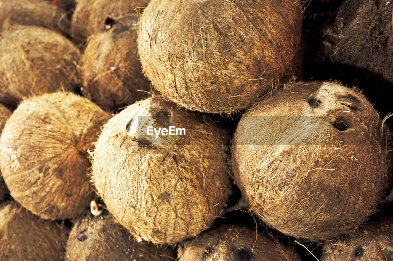 High angle view of coconuts for sale at market stall