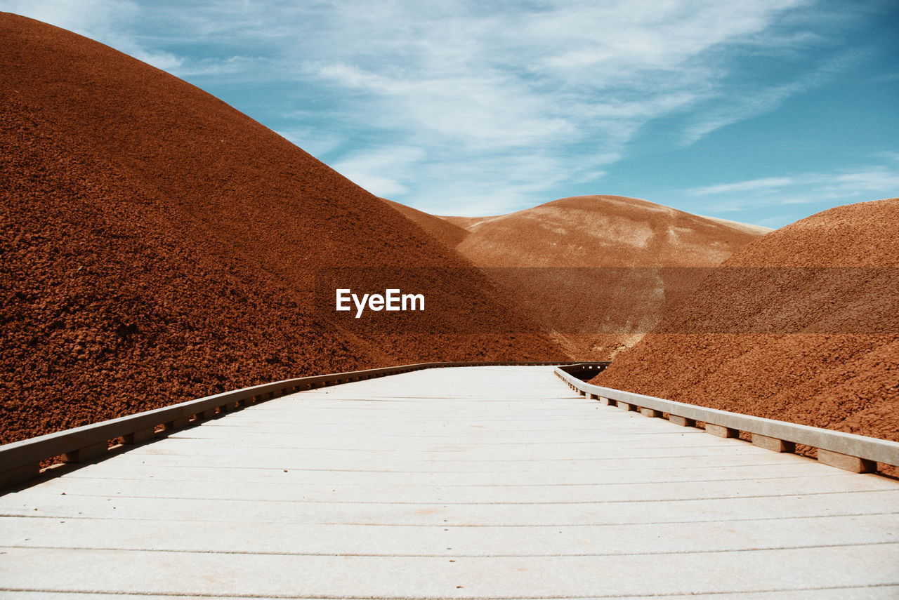 Empty road amidst mountains against sky