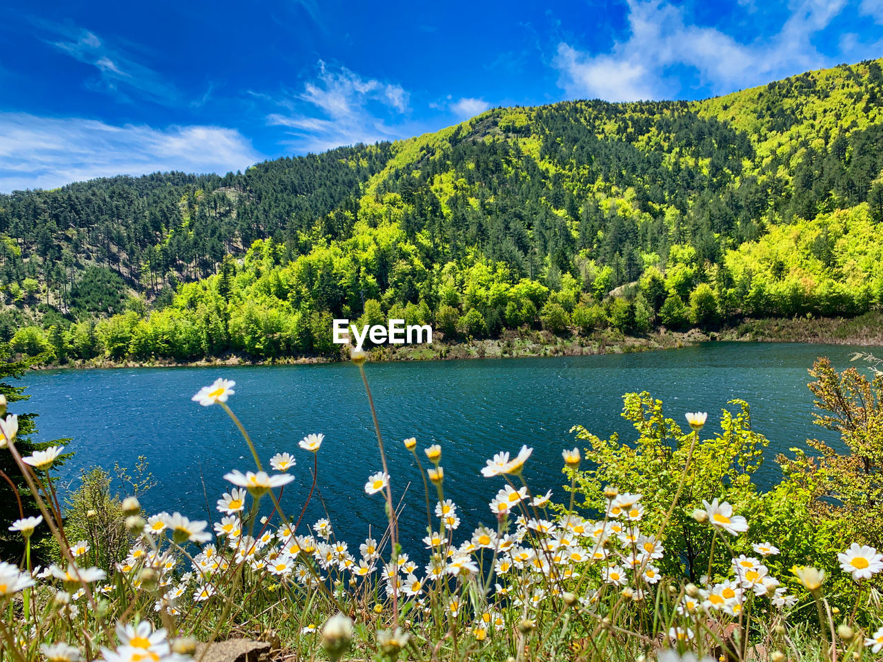 Scenic view of lake by mountain against sky