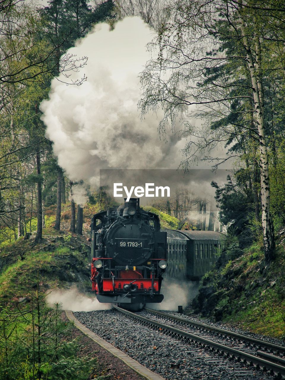 TRAIN MOVING ON RAILROAD TRACKS AGAINST SKY