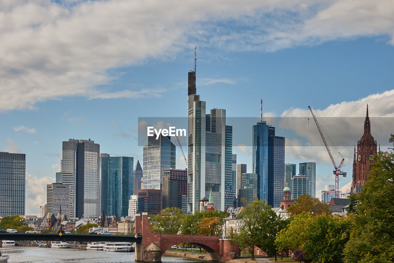 Skyline of frankfurt with the main, the bridges and the skyscrapers