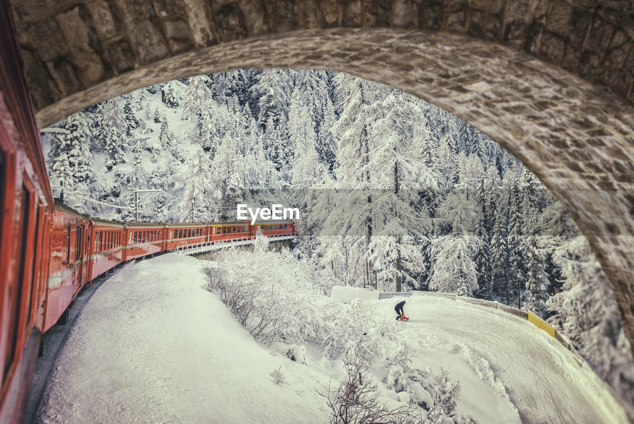 Cropped train on snowed landscape