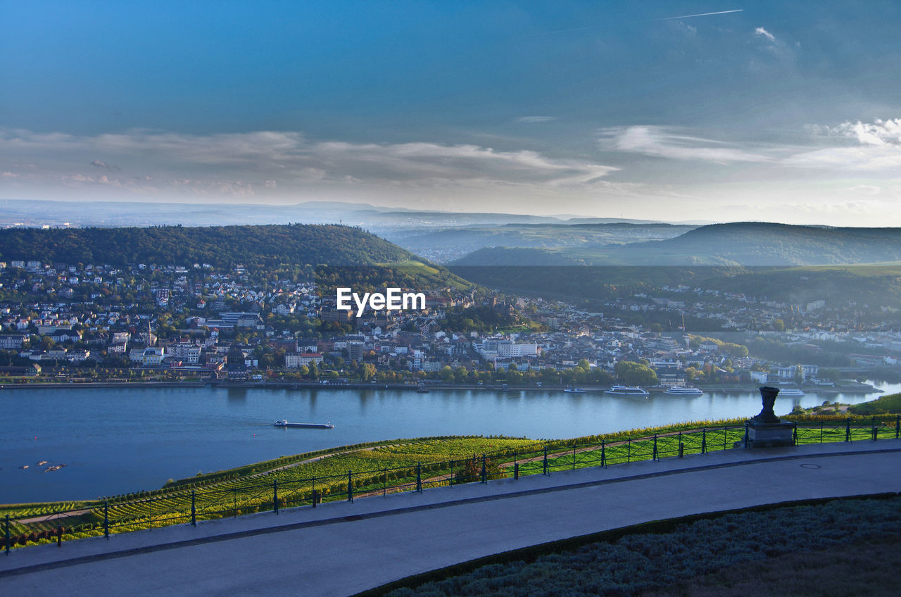 River and townscape against sky