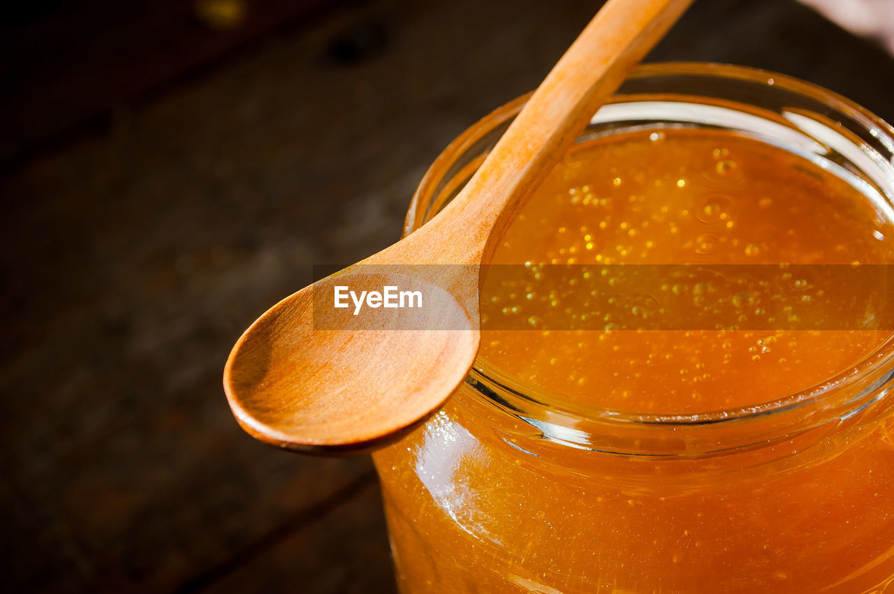 High angle view of honey in jar