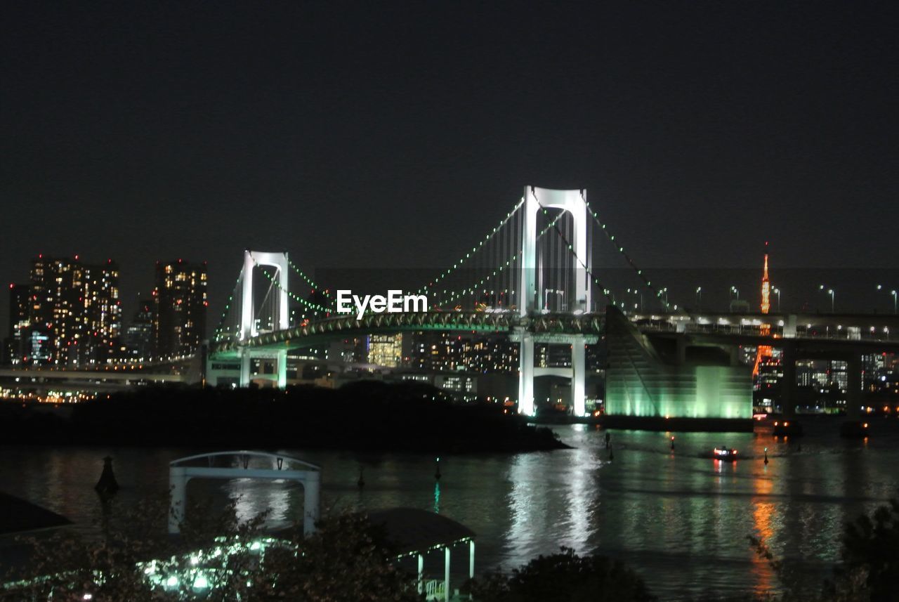 SUSPENSION BRIDGE OVER RIVER AT NIGHT