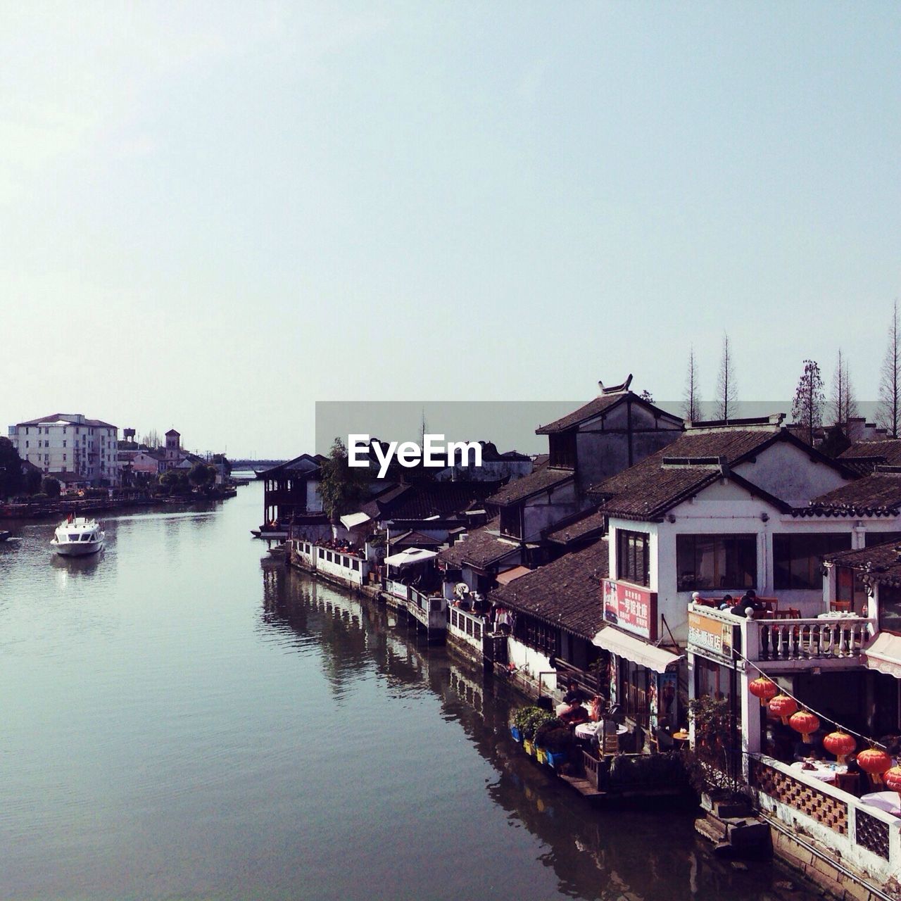 Panoramic view of buildings against clear sky