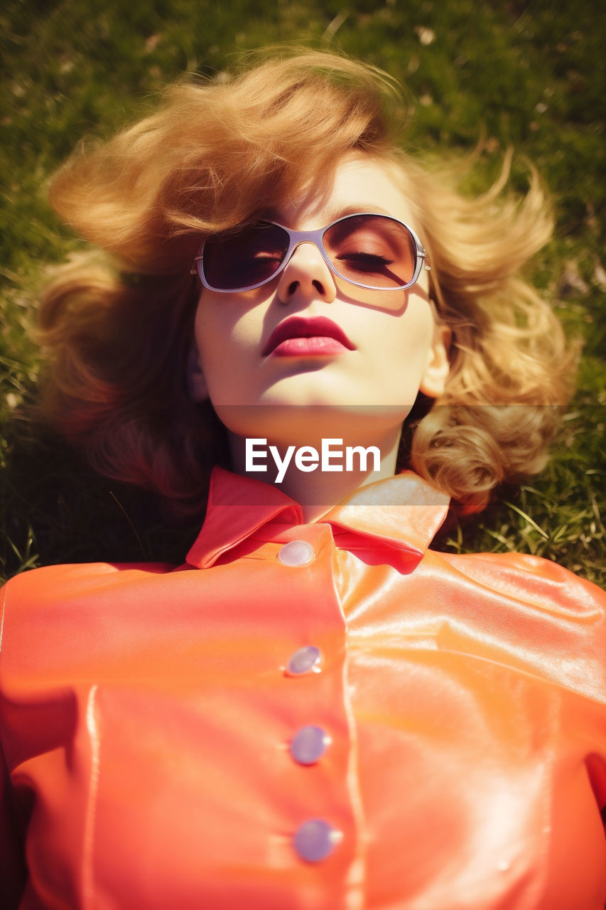 glasses, fashion, red, women, sunglasses, one person, adult, young adult, portrait, blond hair, pink, hairstyle, nature, summer, sunlight, eyeglasses, female, grass, lifestyles, outdoors, smiling, plant, relaxation, leisure activity, land, clothing, long hair, day, happiness, human face, front view, yellow, emotion, looking, person, waist up, human hair, child, eyewear, skin