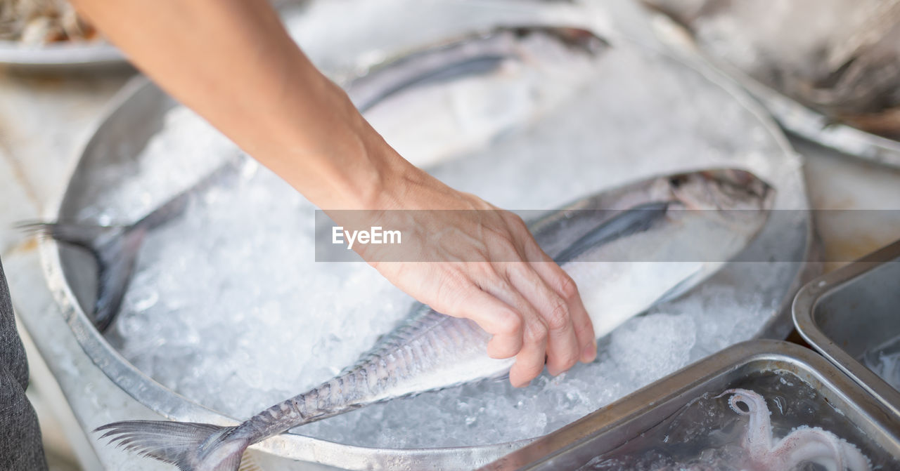 Female hand choosing sea fresh fish for cooking at the seafood market.