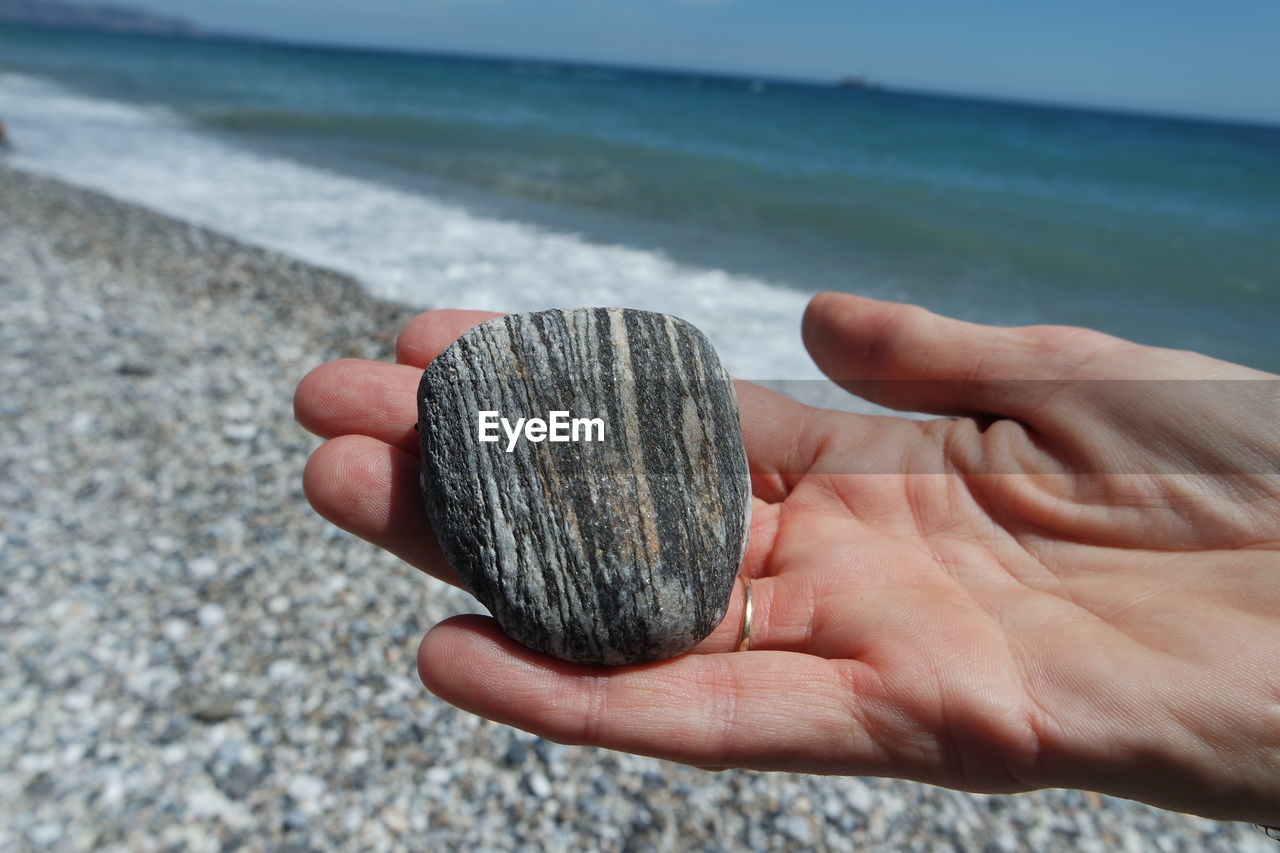 Cropped hand holding pebble at beach