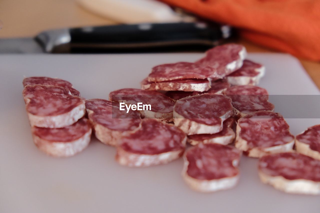 High angle view of meat in plate on table