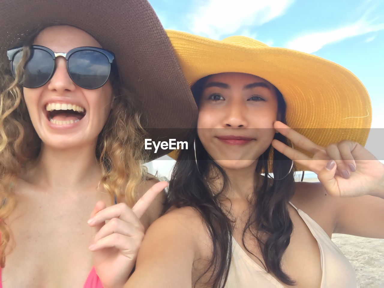 Portrait of happy friends gesturing at beach