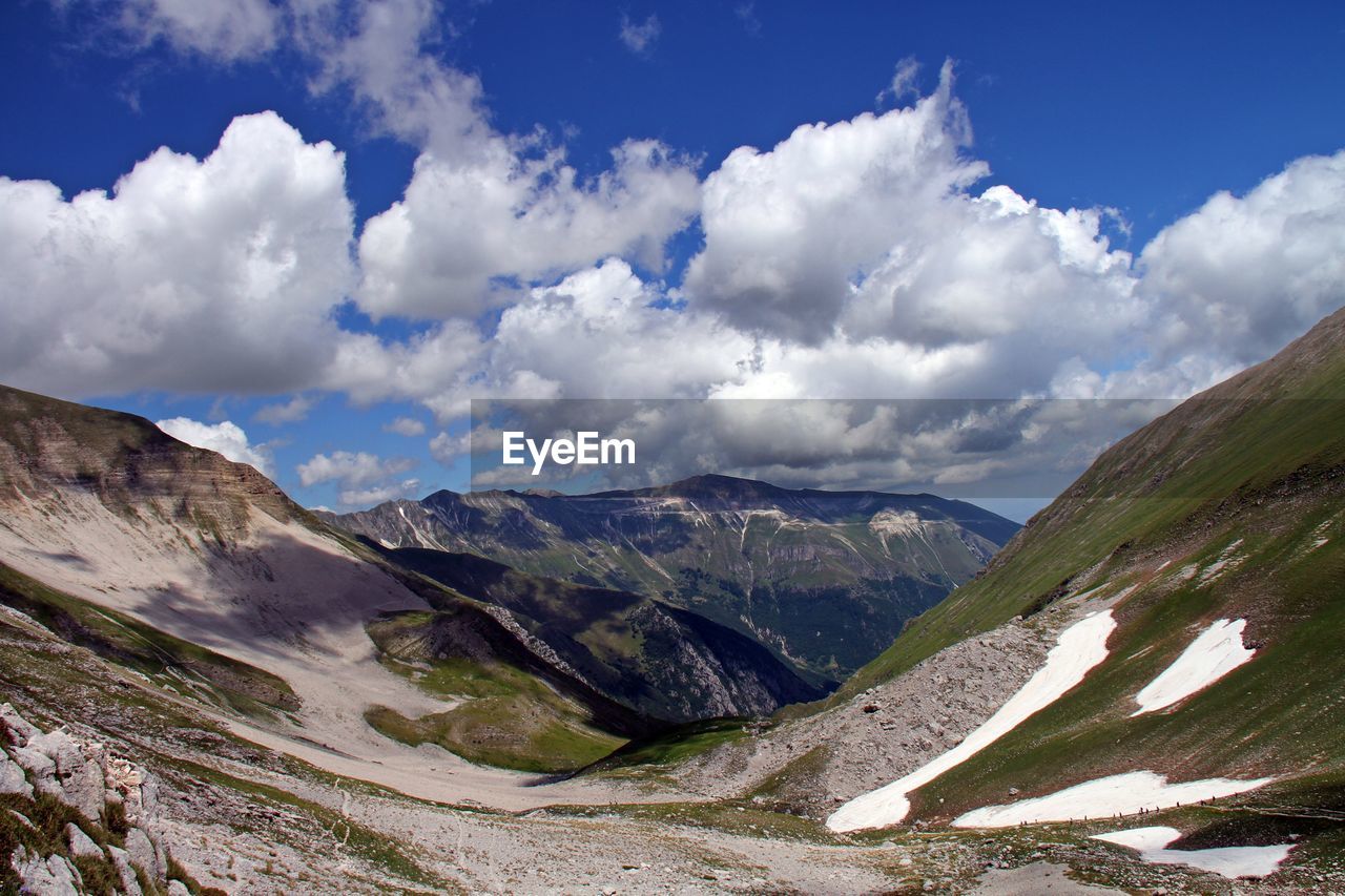 Scenic view of mountains against cloudy sky