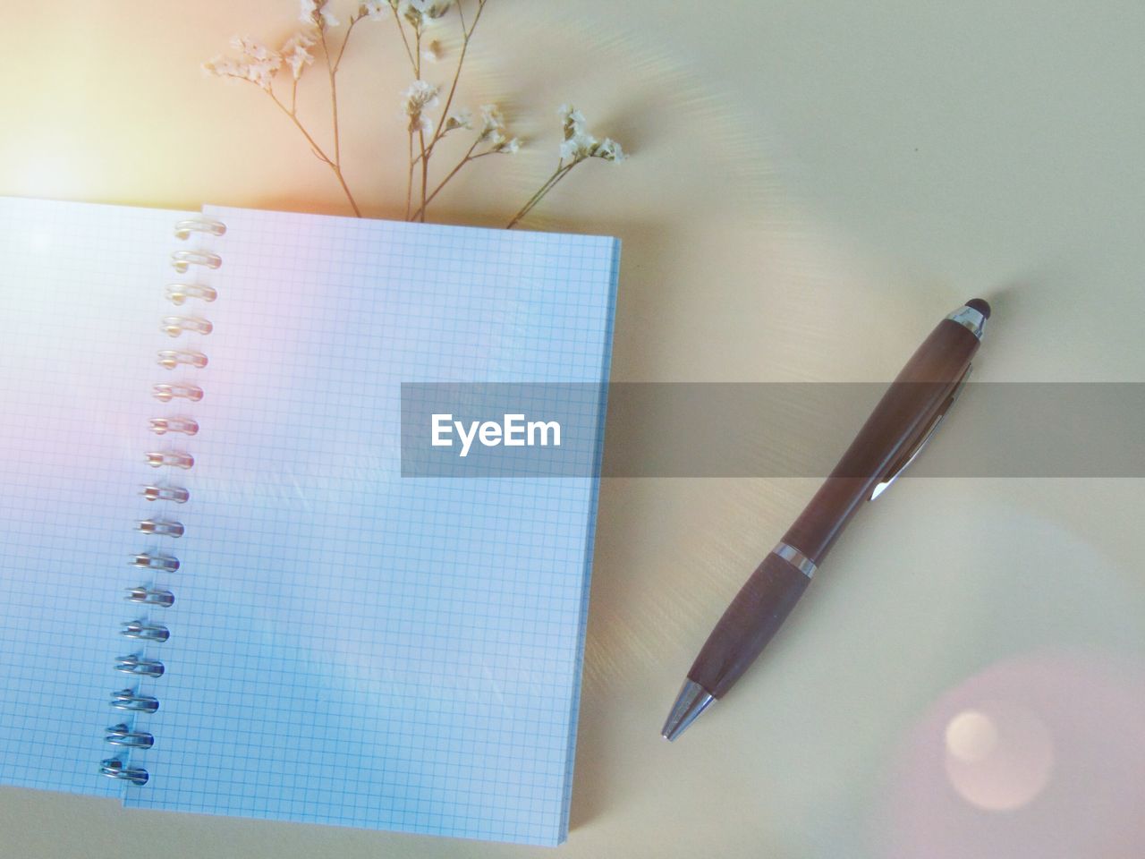 High angle view of pen and blank diary with flower on colored background