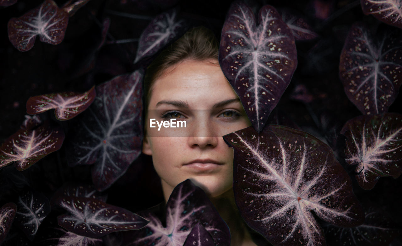 Portrait of young woman amidst leaves