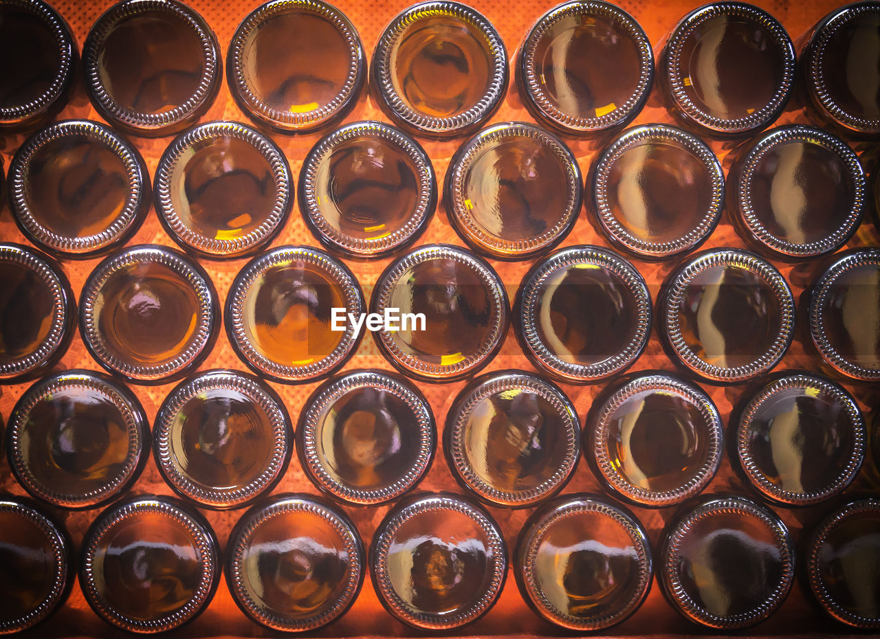 Full frame shot of beer bottles