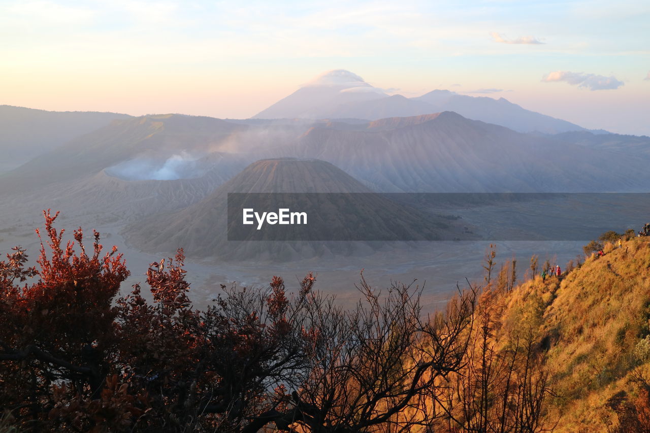 Breathtaking morning view from sunrise point mountain bromo. malang, indonesia.