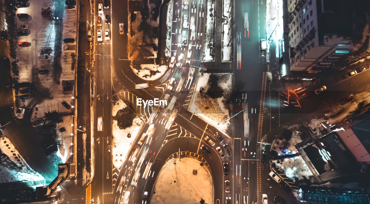 Aerial view of highway intersection at night in kyiv. long exposure