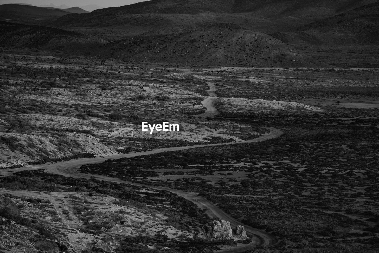 Remote dirt road lit by moon. 