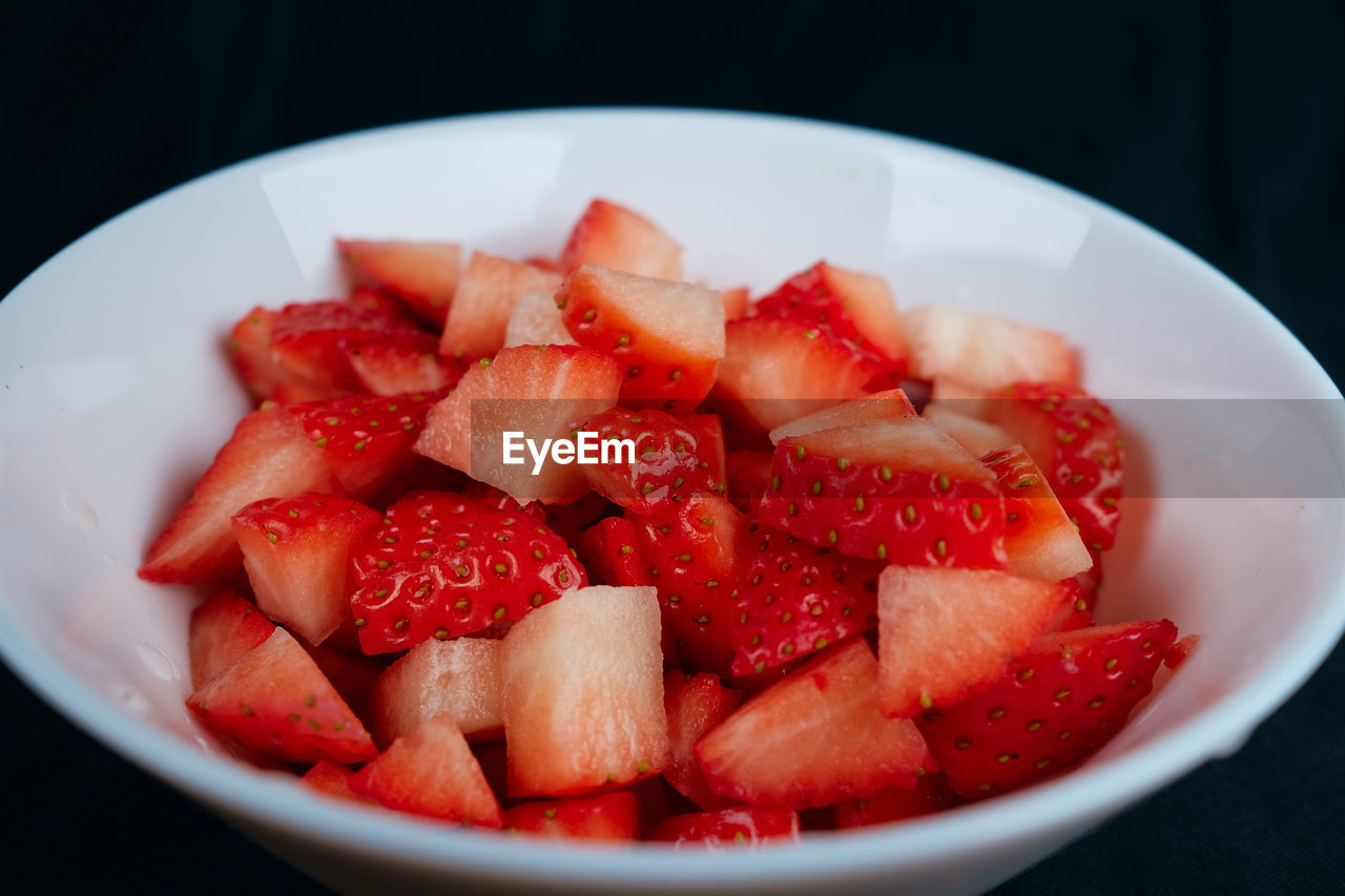 food and drink, healthy eating, food, fruit, strawberry, plant, wellbeing, freshness, berry, bowl, produce, meal, breakfast, red, no people, indoors, dish, dessert, close-up, black background, studio shot