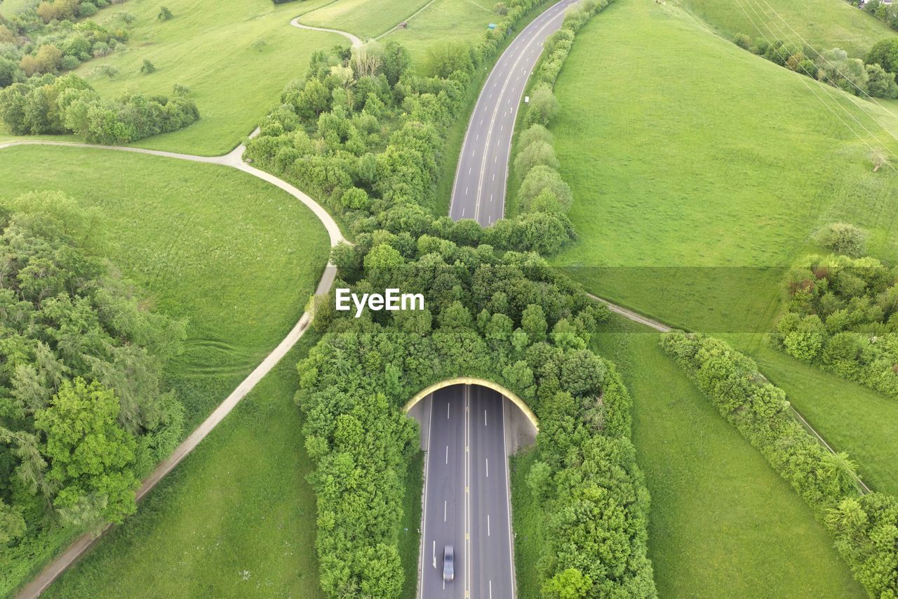 High angle view of road and green bridge 