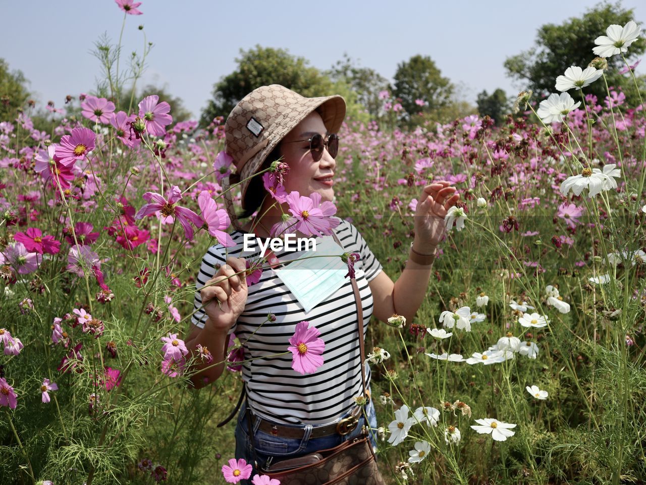 Midsection of woman holding pink flowering plants