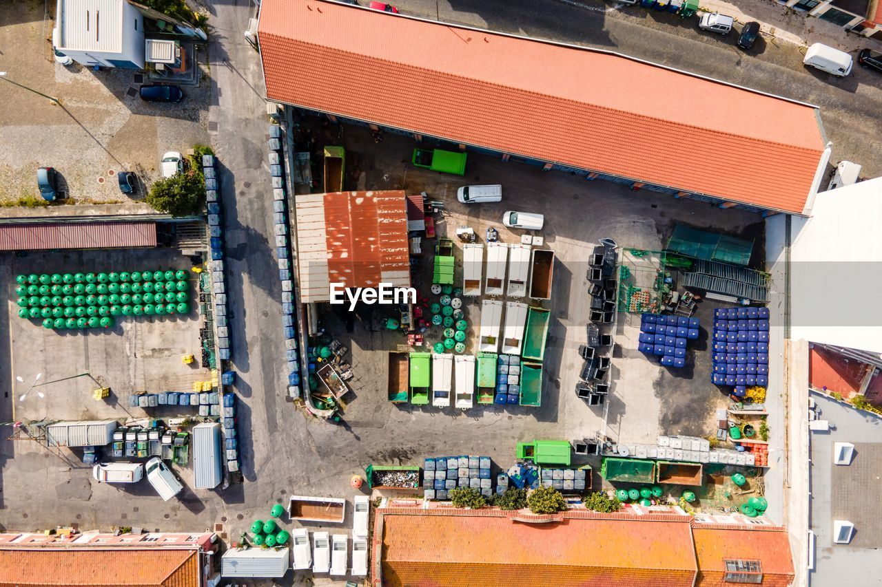 Aerial view of a small factory in marvila industrial area, lisbon, portugal.