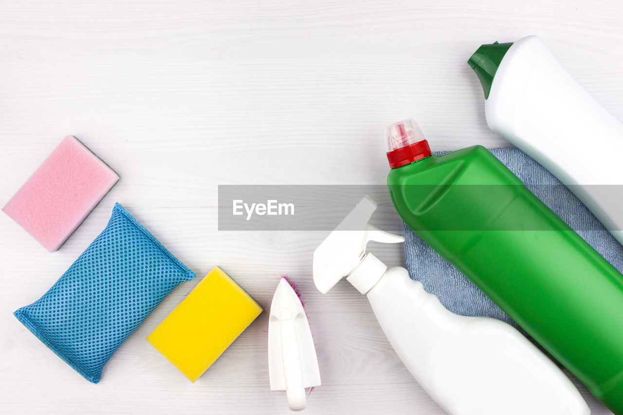 Cleaning tools. set of cleaning supplies - spray and cleaning agent, gloves, brush and sponge.