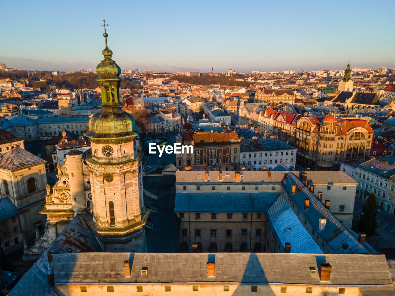 High angle view of buildings in city