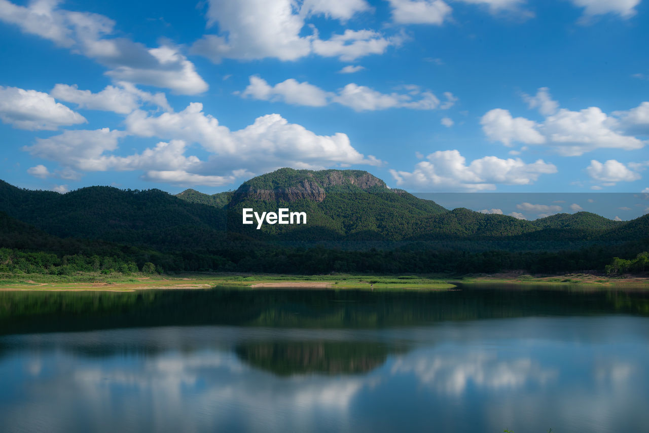 Still water with mountain landscape