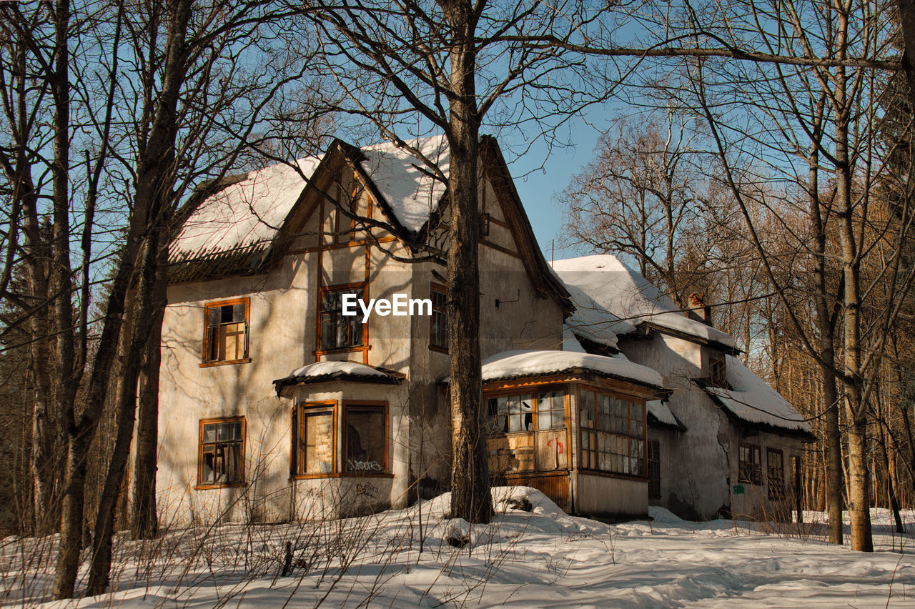 architecture, tree, winter, built structure, bare tree, building exterior, building, snow, nature, plant, cold temperature, house, no people, home, day, branch, history, outdoors, sugar house, the past, sky, rural area, residential district, abandoned, land, sunlight, wood, old, landscape, estate