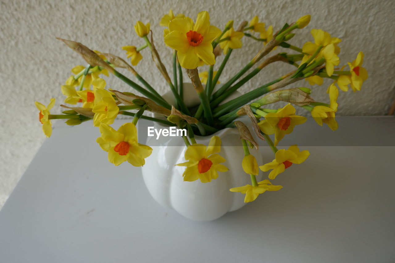 yellow, flower, flowering plant, plant, floristry, bouquet, freshness, floral design, nature, indoors, fragility, beauty in nature, no people, vase, art, close-up, flower head, ikebana, cut flowers, wall - building feature, flower arrangement, inflorescence, petal, decoration, still life, white, flowerpot, arrangement, growth, table, studio shot, leaf, plant part