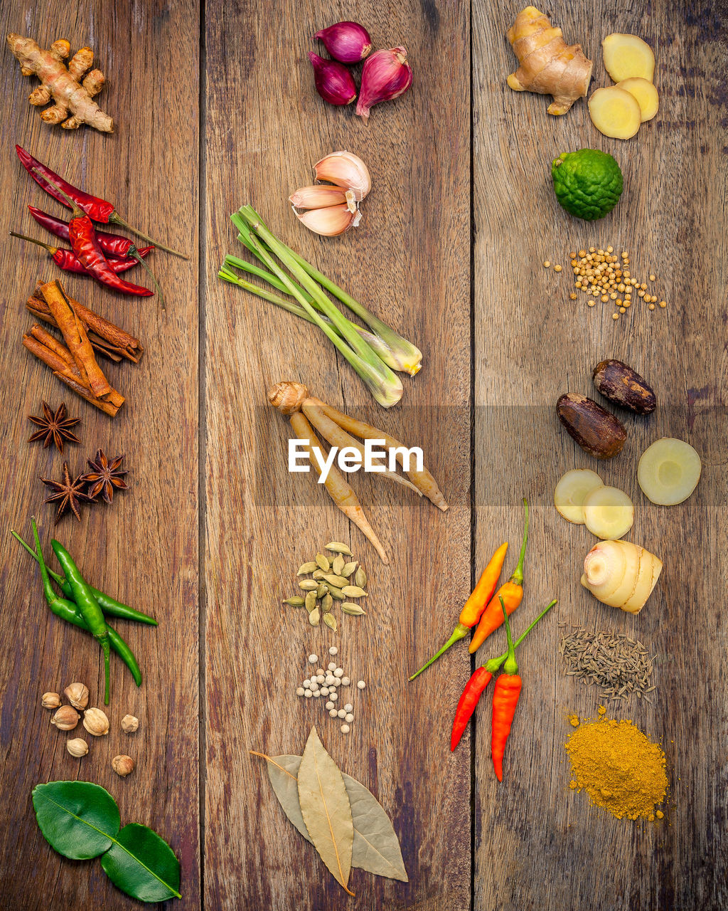 High angle view of various spices on table