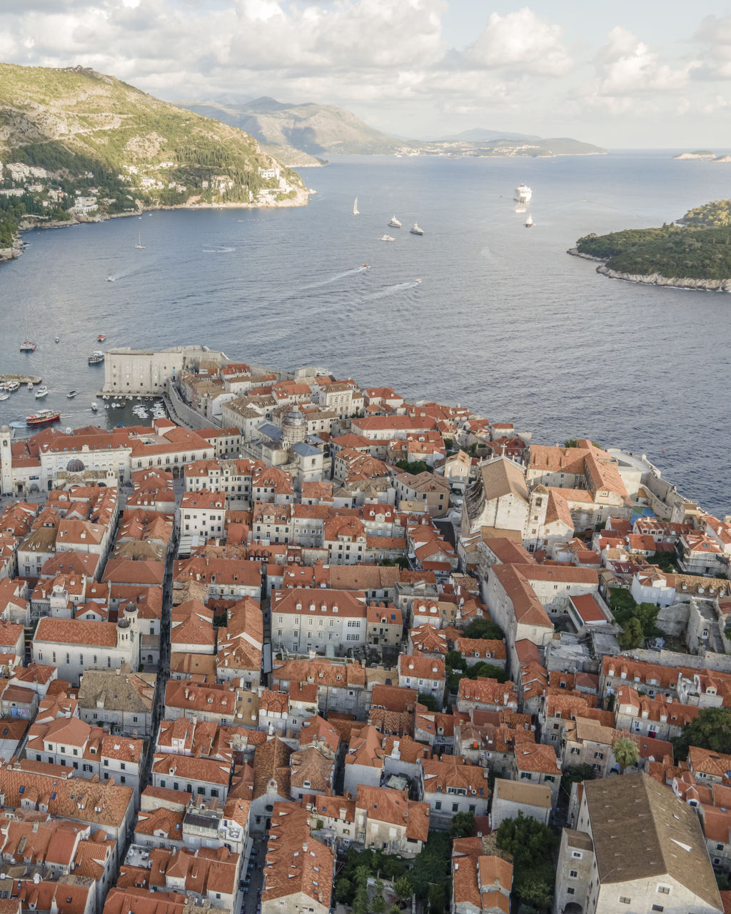 HIGH ANGLE SHOT OF TOWNSCAPE BY SEA