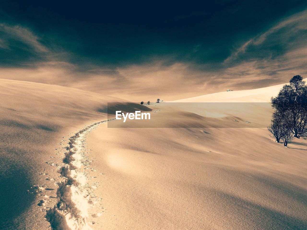 Scenic view of snowcapped field against sky during sunset