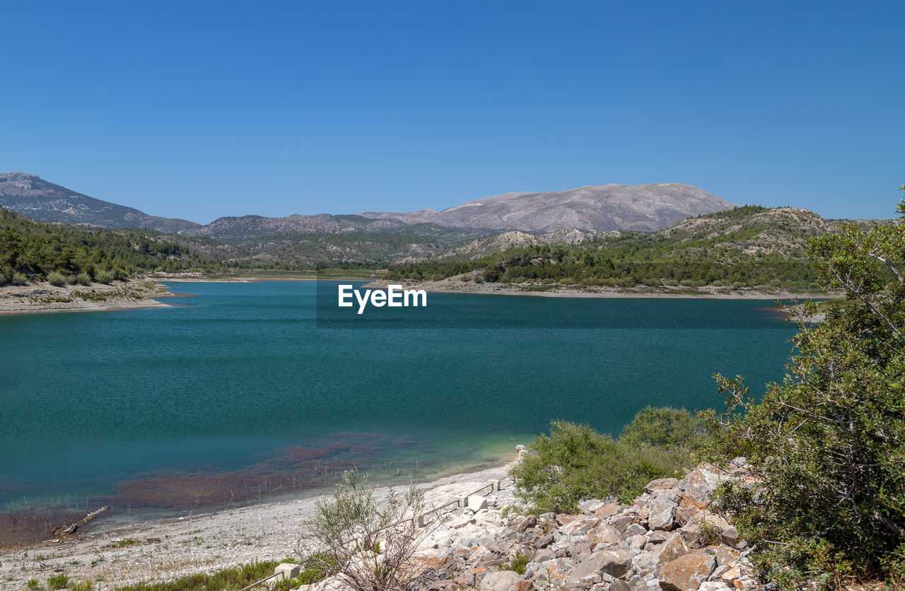 Panoramic view dammed lake limni apolakkias at greek island rhodes