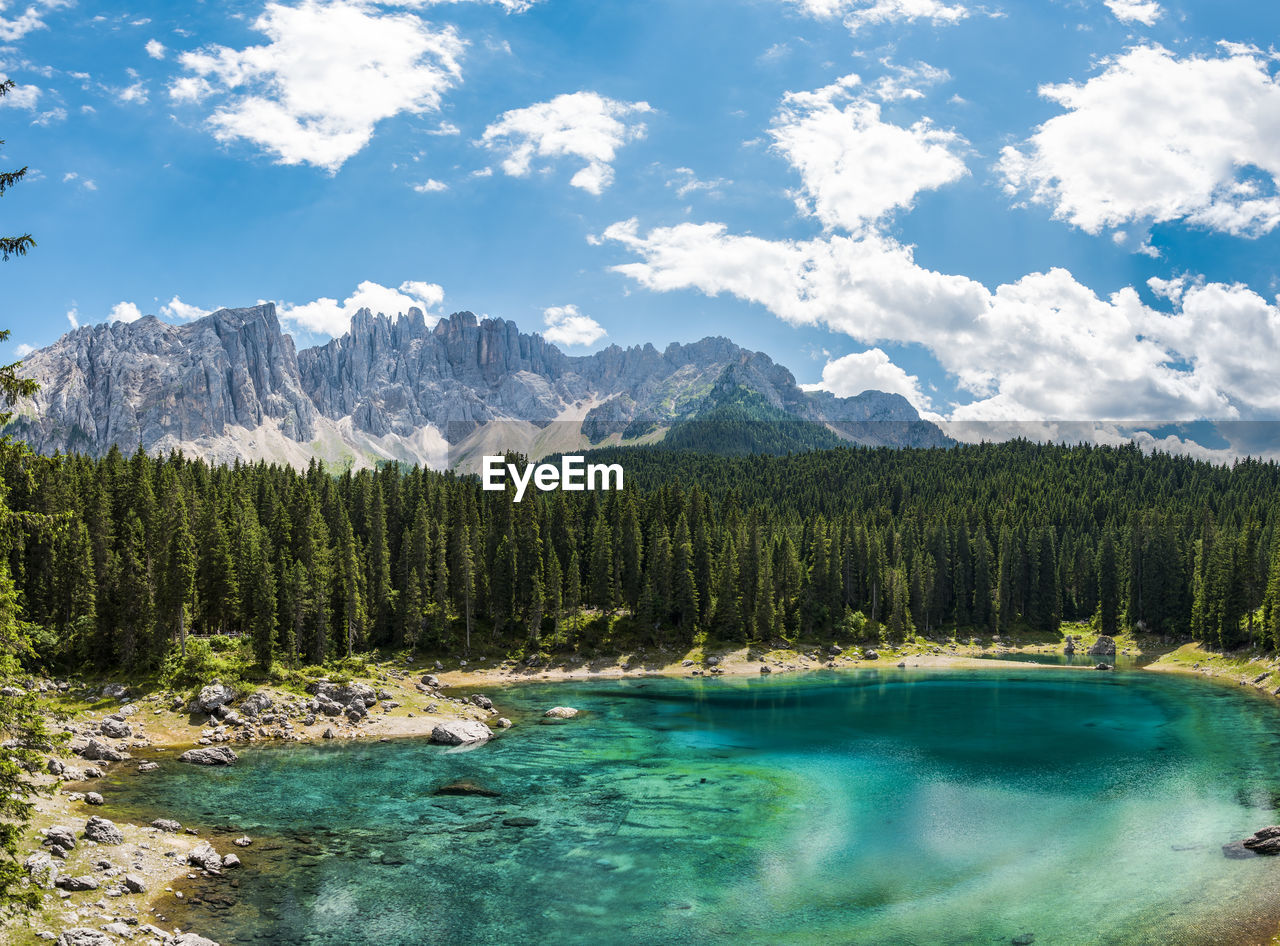 Enchanted panorama. lake of carezza. dolomites, italy