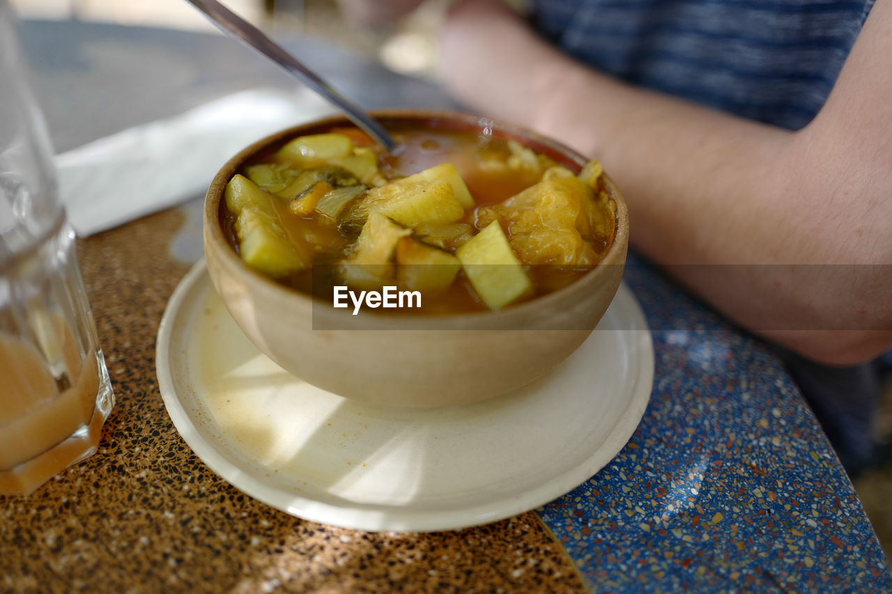 CLOSE-UP OF HAND HOLDING BOWL OF FRUIT