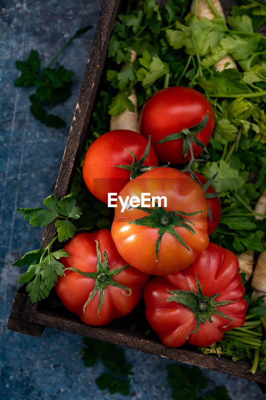 food, food and drink, tomato, healthy eating, freshness, vegetable, wellbeing, plant, red, produce, plum tomato, fruit, no people, nature, leaf, plant part, high angle view, raw food, organic, flower, herb, wood, still life, close-up, agriculture, ingredient