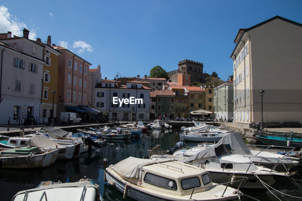 Sailboats moored at harbor against buildings in city