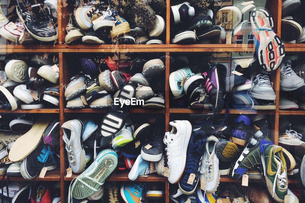Close-up of shoes in shelves