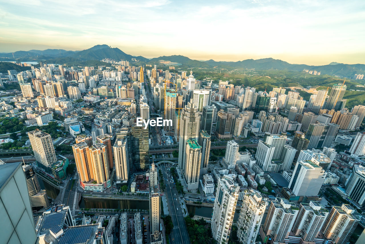 Buildings in shenzhen, guangdong province, china, at sunset