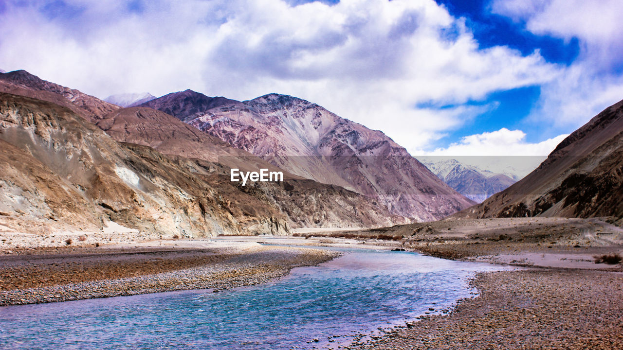 Scenic view of lake by mountains against sky