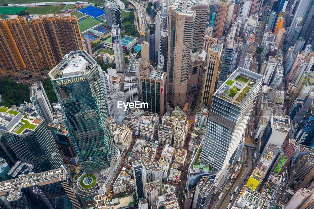 High angle view of modern buildings in city