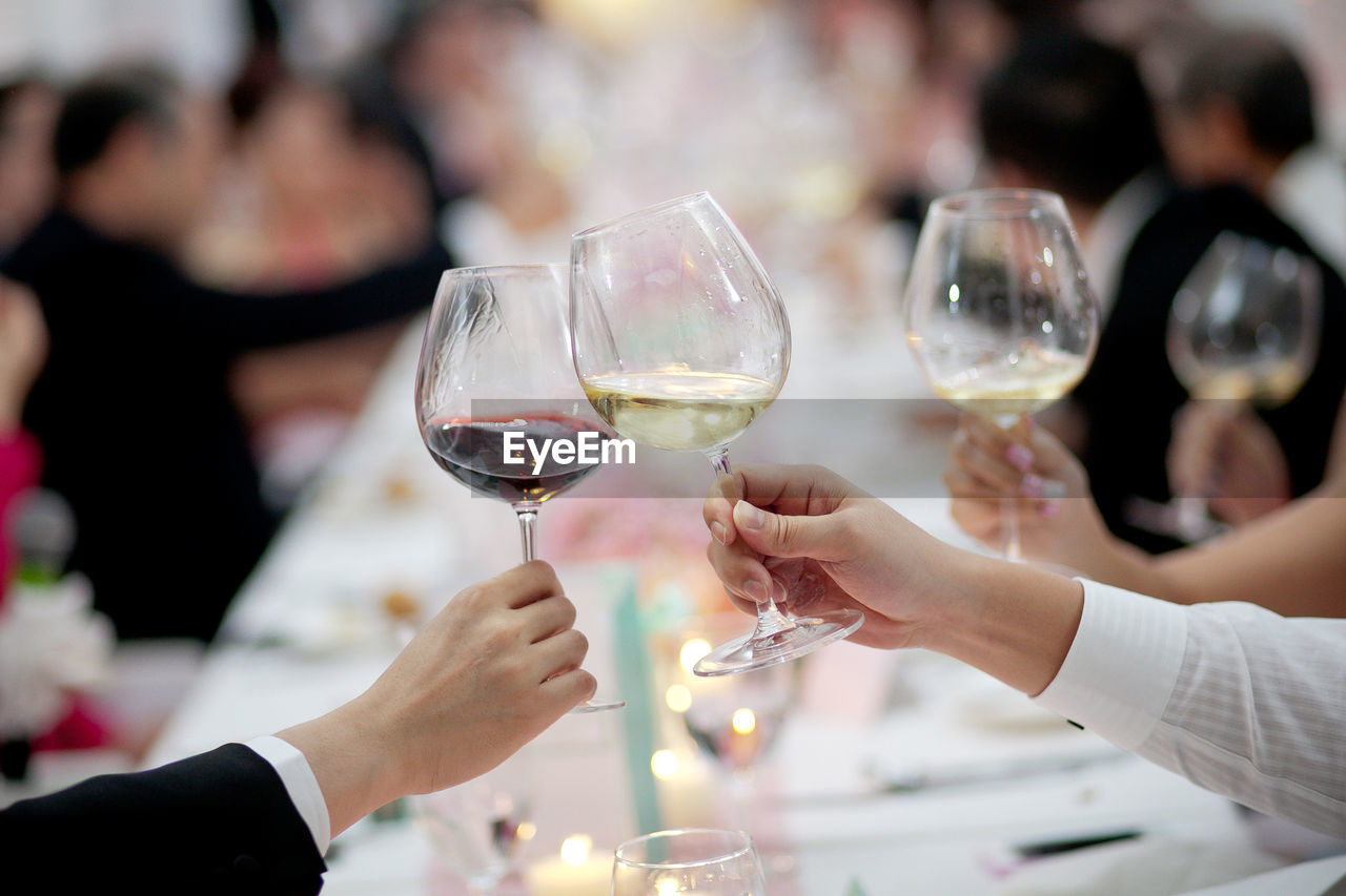 Cropped image of business people toasting wineglasses at dining table