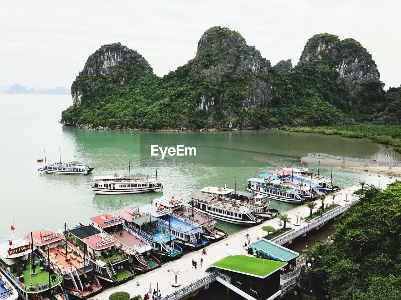 High angle view of boats moored in sea