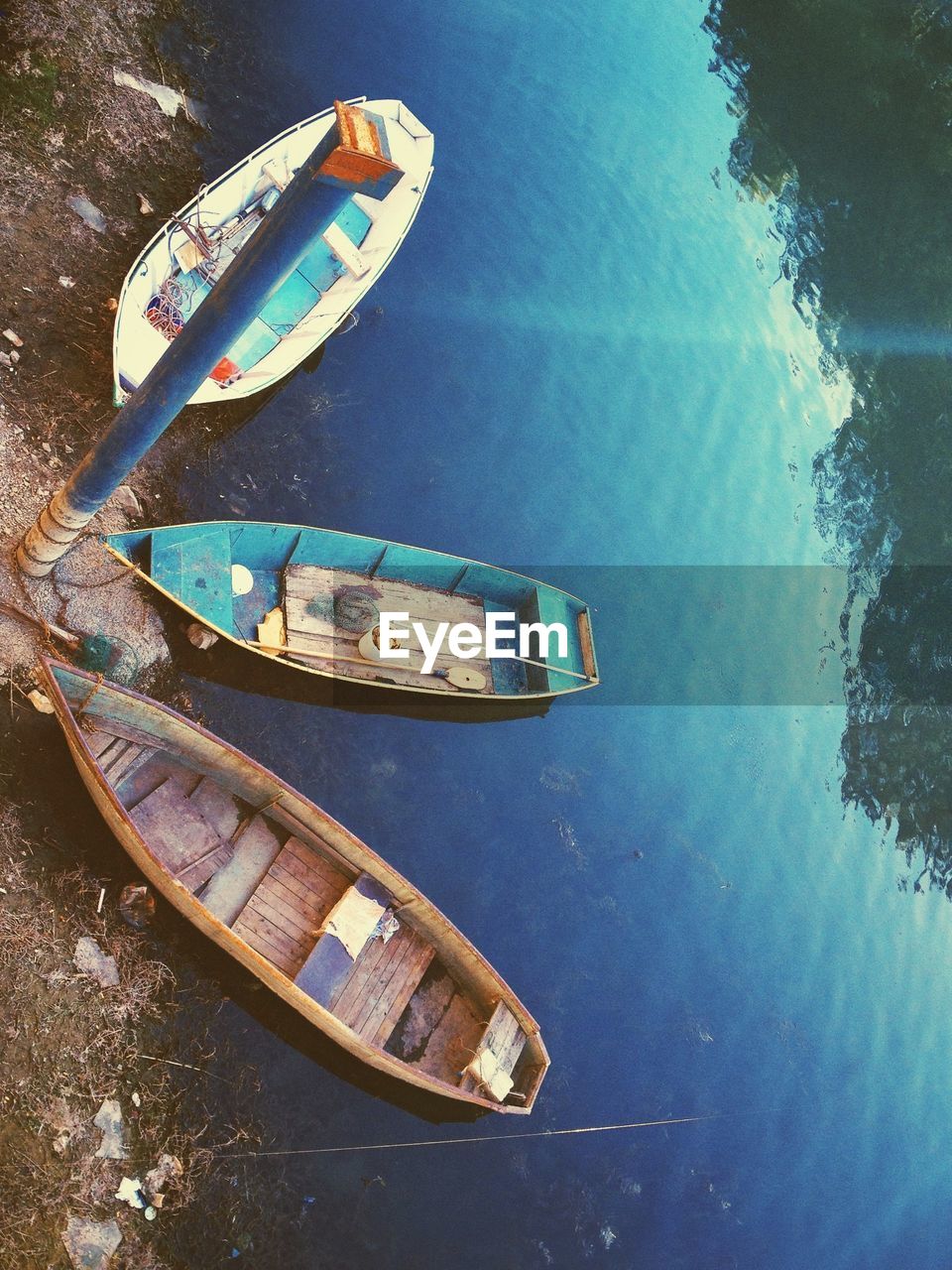 High angle view of boats on lakeshore