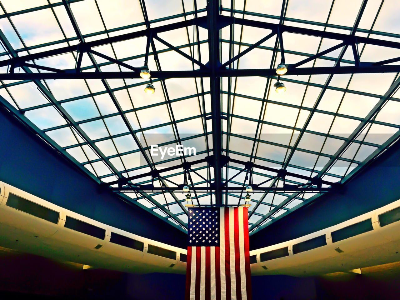 American flag hanging from ceiling of philadelphia international airport