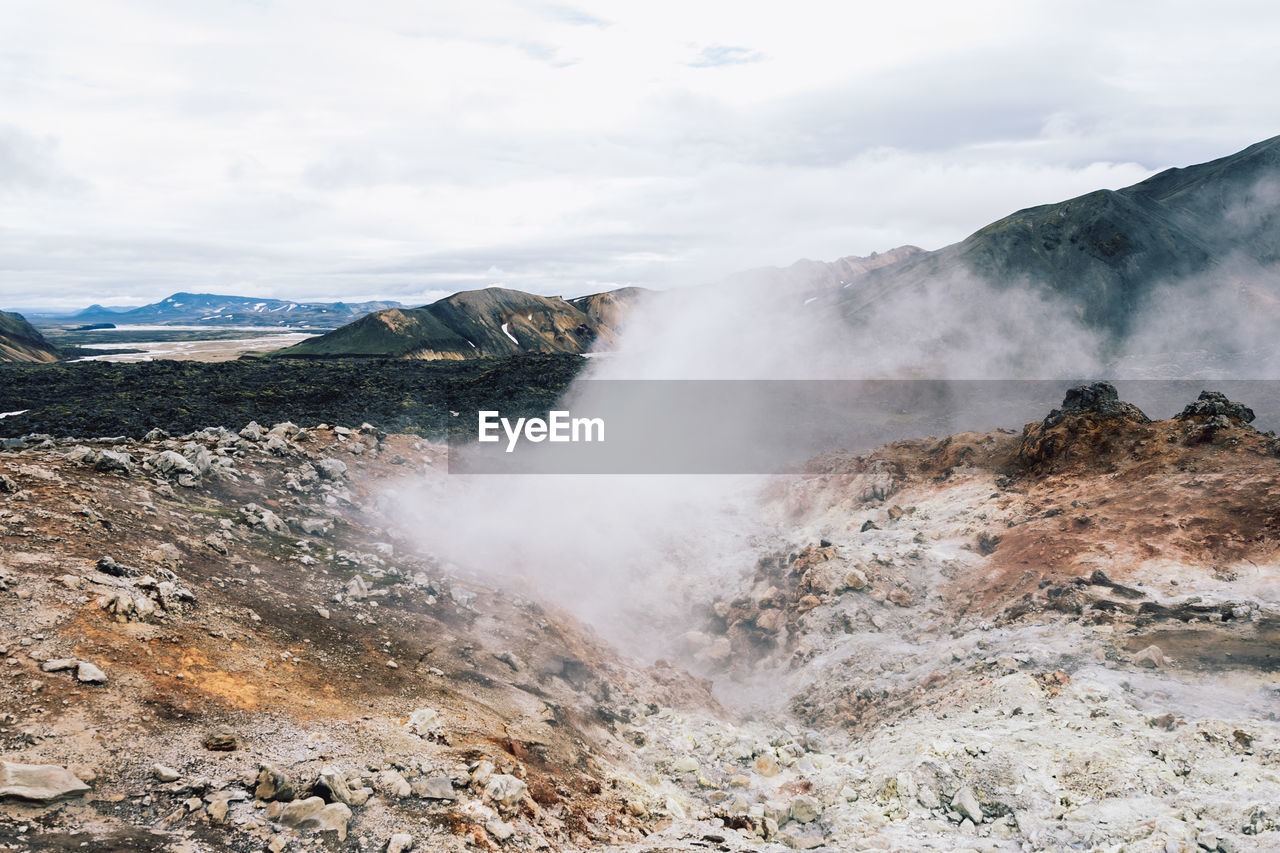 View of volcanic landscape in iceland on a cloudy day