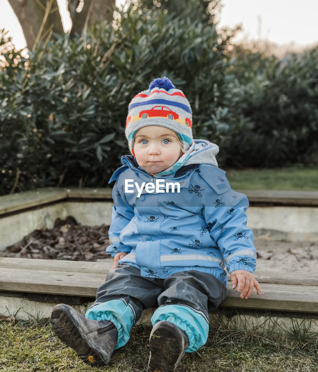 Portrait of cute boy sitting on bench at yard